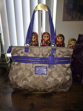 Coach Beige Signature Poppy Tote with Purple Patent Trim